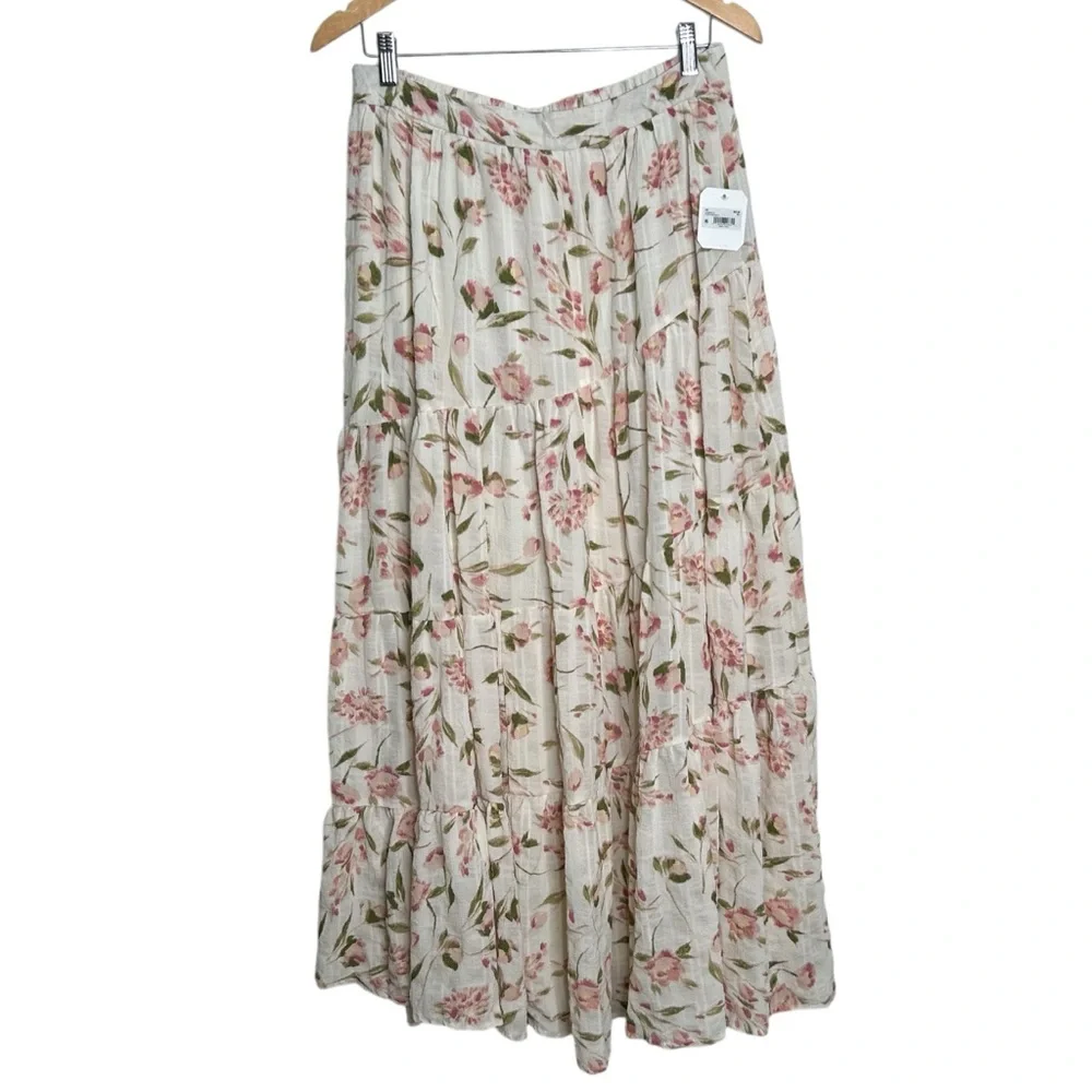 Altar'd State Sky Floral Midi Tiered Skirt Ivory Pink Floral Women’s Size XL - Picture 2 of 8